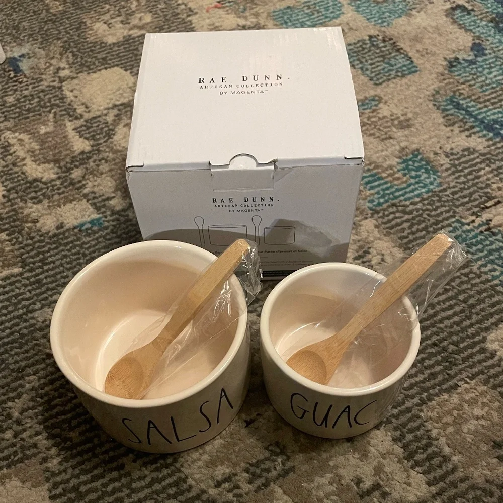 Rae Dunn Salsa and Guac Ceramic Serving Bowl Set with 2 Bamboo Spoons